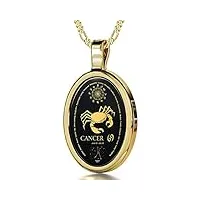 bijoux nano pendentif signe du zodiaque en or jaune 14ct - collier cancer avec inscription en or 24ct sur une pierre onyx, chaine en or laminé de 45cm