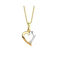 miore collier pour femmes avec pendentif coeur bicolor or jaune et or blanc et pierre de zircone chaîne en or jaune 9 carat / 375 or, bijou longueur 45 cm