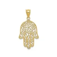 collier avec pendentif hamsa en filigrane en or jaune massif texturé poli 14 carats mesurant 26 x 16 mm de large, cadeau pour femme, métal