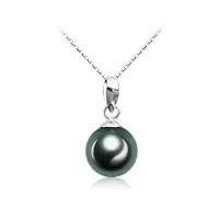 viki lynn perle de tahiti collier femme pendentif de perle de culture noire forme classique en 18k or blanc et diamètre de perle de 9-10mm classe aaa