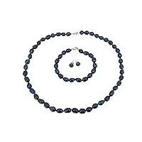 6-7mm naturel noir collier de perles d'eau douce, bracelet avec connexion paire de boucles d'oreilles