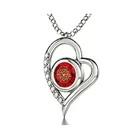 bijoux nano collier pendentif coeur en argent 925 avec je t'aime en 12 langues inscrit en or 24ct sur un cristal swarovski rouge, chaine 45cm