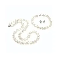 treasurebay ensemble de collier et de boucles d'oreilles en perles d'eau douce blanches de qualité aa pour femmes, ensemble de bijoux en perles, 8-9 mm, (blanc)