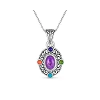 bling jewelry collier pour femmes en argent sterling 925 oxydé avec cabochon ovale de turquoise multicolore naturelle en forme de médaillon.