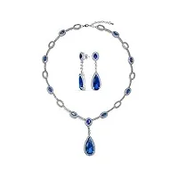 bling jewelry la mode art déco - collier en y solitaire halo aaa cz bleu royal simulé saphir - boucles d'oreilles pendantes - pour femmes - plaqué argent