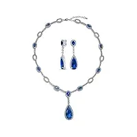 la mode art déco - collier en y solitaire avec halo aaa cz bleu royal simulé saphir collier en y assortis À des boucles d'oreilles pendantes pour femmes paires de boucles d'oreilles plaquées argent