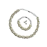 treasurebay Élégant ensemble de bijoux en perles d'eau douce naturelles, collier, bracelet et boucles d'oreilles avec fermoirs magnétiques dans une belle boîte cadeau, (blanc)