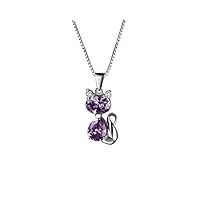 aoneky pendentif collier chat en améthyste avec chaîne 45cm en argent 925 sterling - collier bijoux violet - cadeau pour femme fille mère, noël saint-valentin anniversaire(avec boîte à bijoux)