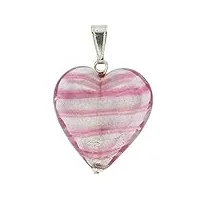 glass of venice pendentif coeur de murano - rayé argent rose