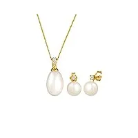 elli diamonds parure de bijoux femmes boucles d'oreilles perle classique avec diamant (0.11 ct.) en or jaune 585