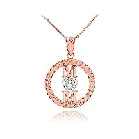 collier femme pendentif 14 ct or rose côtelé cercle mom amour cœur avec diamant (livré avec une 45cm chaîne)