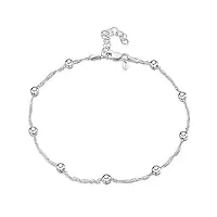 amberta bijoux - chaîne argent 925/1000 - bracelet de cheville 1,4 mm aux maille singapour et boules (4 mm)- réglable 22 à 25,5 cm - facilement ajustable