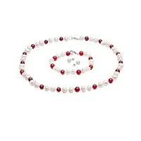 treasurebay parure élégante avec collier, bracelet et boucles d'oreilles en perles d'eau douce rouges et blanches