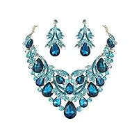 clearine femme boho cristal goutte tige floral filigrané feuille collier plastron penante boucles d'oreille bijou série bleu