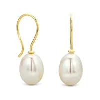 orovi bijoux femme, boucles d'oreilles en or jaune perles d'eau douce blanches 8-8.5 mm, boucles d'oreilles crochet pendantes 9 kt / 375 or
