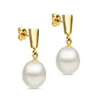 orovi bijoux femme, boucles d'oreilles en or jaune perles d'eau douce blanches 8 mm, boucles d'oreilles pendantes 14 kt / 585 or
