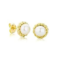 orovi bijoux femme, boucles d'oreilles en or jaune perles d'eau douce blanches 5.5 mm, clou d'oreilles 9 kt / 375 or