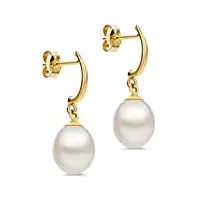 orovi bijoux femme, boucles d'oreilles en or jaune perles d'eau douce blanches 8 mm, boucles d'oreilles pendantes 14 kt / 585 or