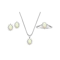 ensemble pendentif, boucles d'oreilles et bague en argent sterling 925 véritable opale naturelle et diamant avec chaîne et boîte cadeau