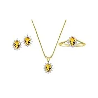 ensemble pendentif, boucles d'oreilles et bague en plaqué or jaune 14 carats avec topaze jaune et diamant avec boîte cadeau