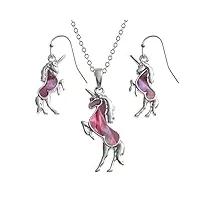 kiara jewellery - coffret parure « licorne » avec pendentif incrusté de nacre paua rose naturelle sur chaîne à petits maillons de 45,7 cm et boucles d’oreilles assorties plaquées rhodium