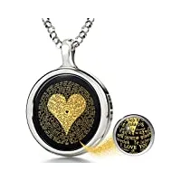 bijoux nano collier pendentif rond en argent 925 avec je t'aime en 120 langues inscrit en or 24ct sur pierre onyx noire, chaine 45cm