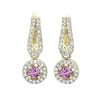 boucles d'oreilles femme/pendantes 14 ct or jaune rond rose saphir & blanc diamant halo style