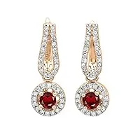boucles d'oreilles femme/pendantes 14 ct or rose rond grenat & blanc diamant halo style