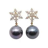 jyx boucles d'oreilles perle de tahiti noire 11.5mm en or 14k flocon de neige pendre boucles d'oreilles pour les femmes