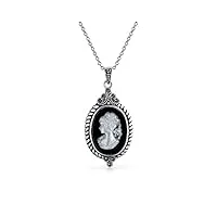 collier en forme de camée avec portrait victorien en nacre noire et blanche pour les femmes, avec monture en marcassite oxydée en argent sterling.