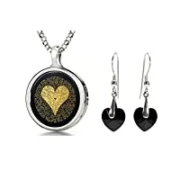parure bijoux romantique argent - pendentif je t'aime en 120 langues inscrit en or 24ct sur onyx rond et boucles d'oreilles coeur cristal noir, 45cm