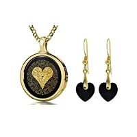 parure bijoux romantique plaquée or - pendentif je t'aime en 120 langues inscrit en or 24ct sur onyx rond et boucles d'oreilles coeur cristal noir, 45cm