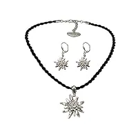 alpenflüstern set021 - parure de costume traditionnel avec collier et boucles d'oreilles pendantes en forme de edelweiss - pour femme - noir
