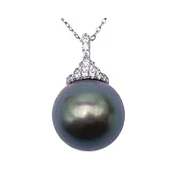jyx aaa perle tahiti12- 13 mm grande taille paon vert rond perle de tahiti mer du sud de culture – collier pendentif avec or blanc 14 k chaîne 45,7 cm