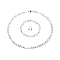 jyx - collier de perles blanches d'eau douce blanches, bracelet et boucles d'oreilles - ensemble de bijoux pour femmes - qualité aa (5-6mm plat rond perle)