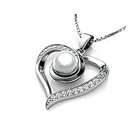 véritable collier de perles par dephini - pearl pendentif avec cubique zircoina, collier avec cœur en argent 925 pour femme avec rare plaqué rhodium - 45,7 cm chaîne en argent sterling + boîte à bijou