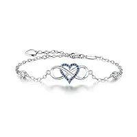 blinggem bracelet pour femme en or blanc plaqué argent 925/1000 avec oxyde de zirconium bleu rond gourmette infini coeur amour ensemble pour toujours