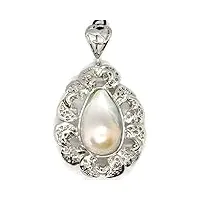 pendentif pendentif en argent 925, perle baroque blanche grande avec cadre sculpté, fleur, fabriqué en italie
