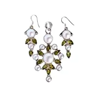 parure de bijoux en argent sterling 925 avec pendentif et boucles d'oreilles en perles naturelles et péridot vert - cadeau pour femme - fsj-3284