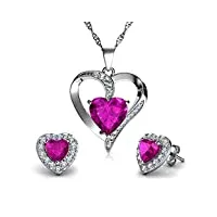 dephini – collier et boucles d'oreilles en forme de cœur – argent sterling 925 – clous et pendentif en cristal rose – parure de bijoux fine pour femme