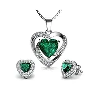 dephini - parure collier et boucles d'oreilles en forme de cœur vert – argent sterling 925 – clous en cristal et pierre de naissance