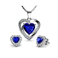dephini - ensemble collier et boucles d'oreilles en forme de cœur bleu – argent sterling 925 – clous et pendentif en cristal et pierre de naissance