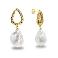boucles d'oreilles perles femmes cultured d'eau douce - forme baroque 14,00-15,00 mm secret & you- argent sterling 925 avec un grand dos de papillon.