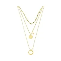 stylebreaker collier pour femmes en acier inoxydable sur trois rangées avec anneau, cercle et pendentifs en forme d'étoiles, chaîne en maille forçat, chaîne à boules, bijou 05030060, acier