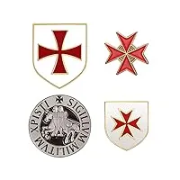 bobijoo jewelry - lot de 4 pin's Épinglettes emblématiques de l'ordre des chevaliers templiers, blason, croix, malte