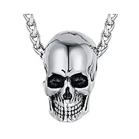 collier tete de mort homme,pendentif tête de crâne rétro punk cool délicat acier inoxydable-bijoux fantaisie avec chaîne ajustable 60cm cadeau pour hommes garçons