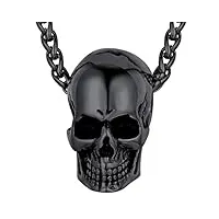 collier tete de mort homme noir,pendentif tête de crâne rétro punk cool délicat acier inoxydable-bijoux fantaisie avec chaîne ajustable 60cm cadeau pour hommes garçons