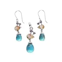 parure de bijoux boho fsj-4598 avec pendentif et boucles d'oreilles en pierre précieuse naturelle bleu arizona et citrine argent sterling 925