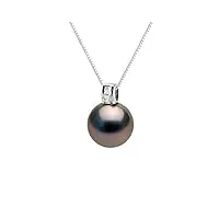 pearls & colors - pendentif diamant 0.040 cts véritable perle de culture de tahiti ronde 10-11 mm - qualité a+ - disponible en or jaune et blanc - chaîne offerte - bijou femme