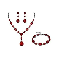 clearine parure femme chaîne goutte d'eau forme y bracelet collier boucles d'oreilles ensemble cristal autrichien strass fond noir rouge